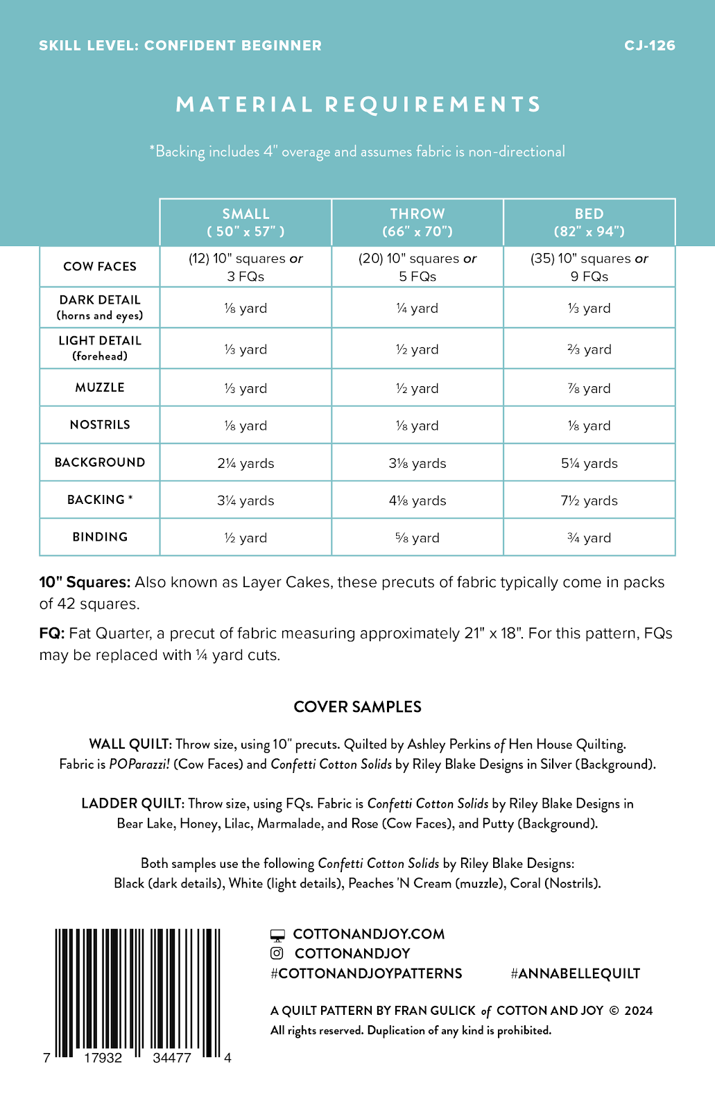 A fabric pattern cover sheet showing material requirements and cover samples for a quilting pattern. The sheet includes a size table for small, throw, and bed sizes, lists fabric types and yardage needs, and provides cover samples with logos for Cotton and Joy and #CottonJoyPatterns.