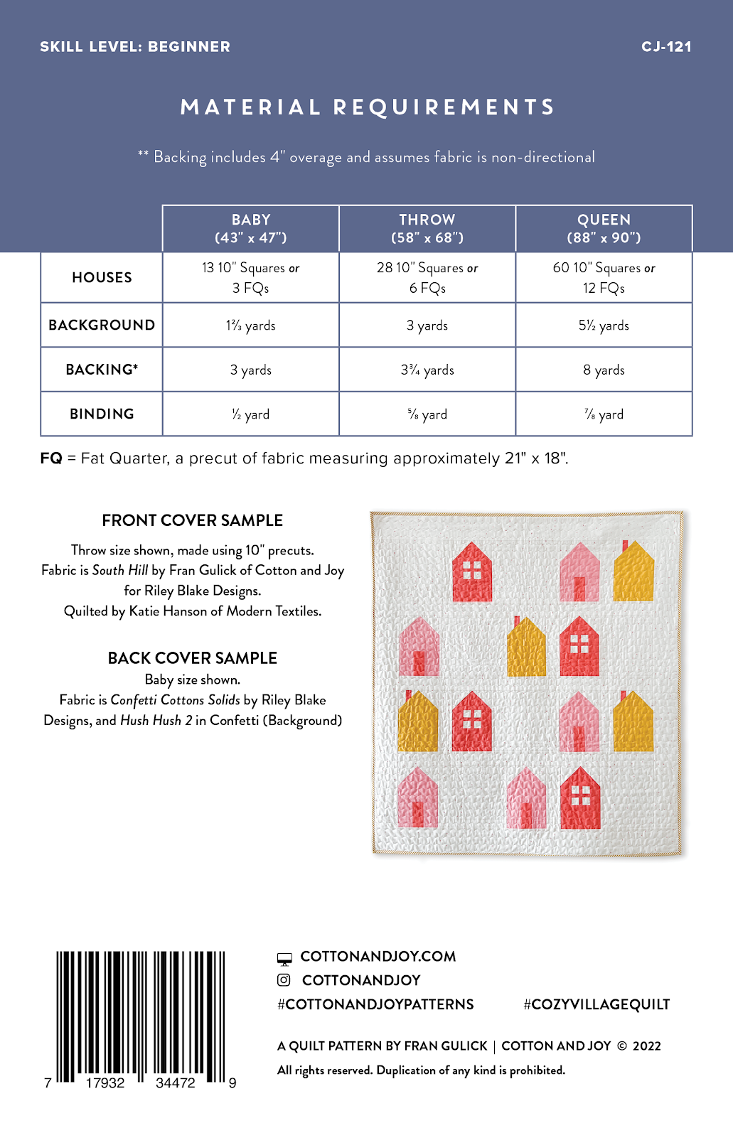 A fabric pattern cover page for a quilting pattern, titled 'MATERIAL REQUIREMENTS' with a size table, sample images of the front and back cover, and a barcode at the bottom on a blue background.