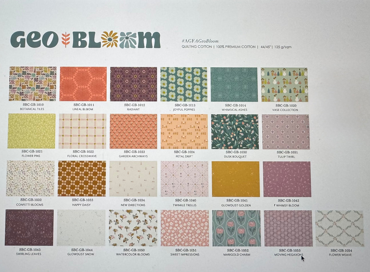 Geometric pattern swatch book titled 'Geo Bloom' with various fabric color samples.