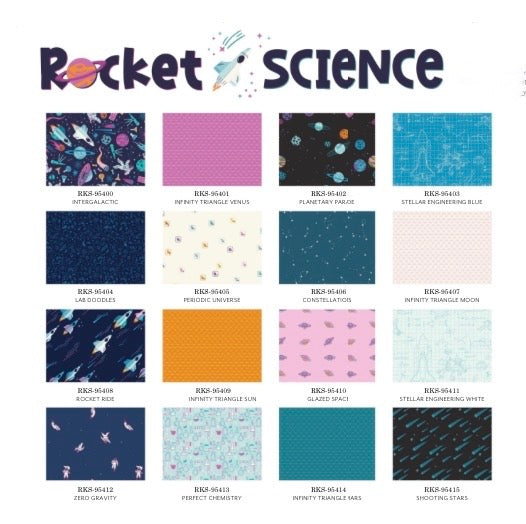 Color swatch chart for 'Rocket Science' fabric with various patterns and names.