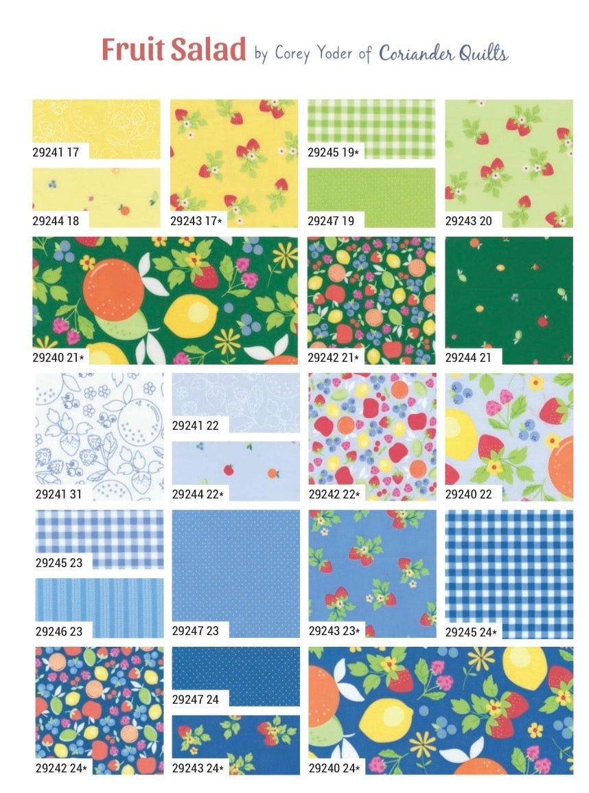 Collection of fabric patterns labeled 'Fruit Salad' by Corey Yoder of Coriander Quilts.
