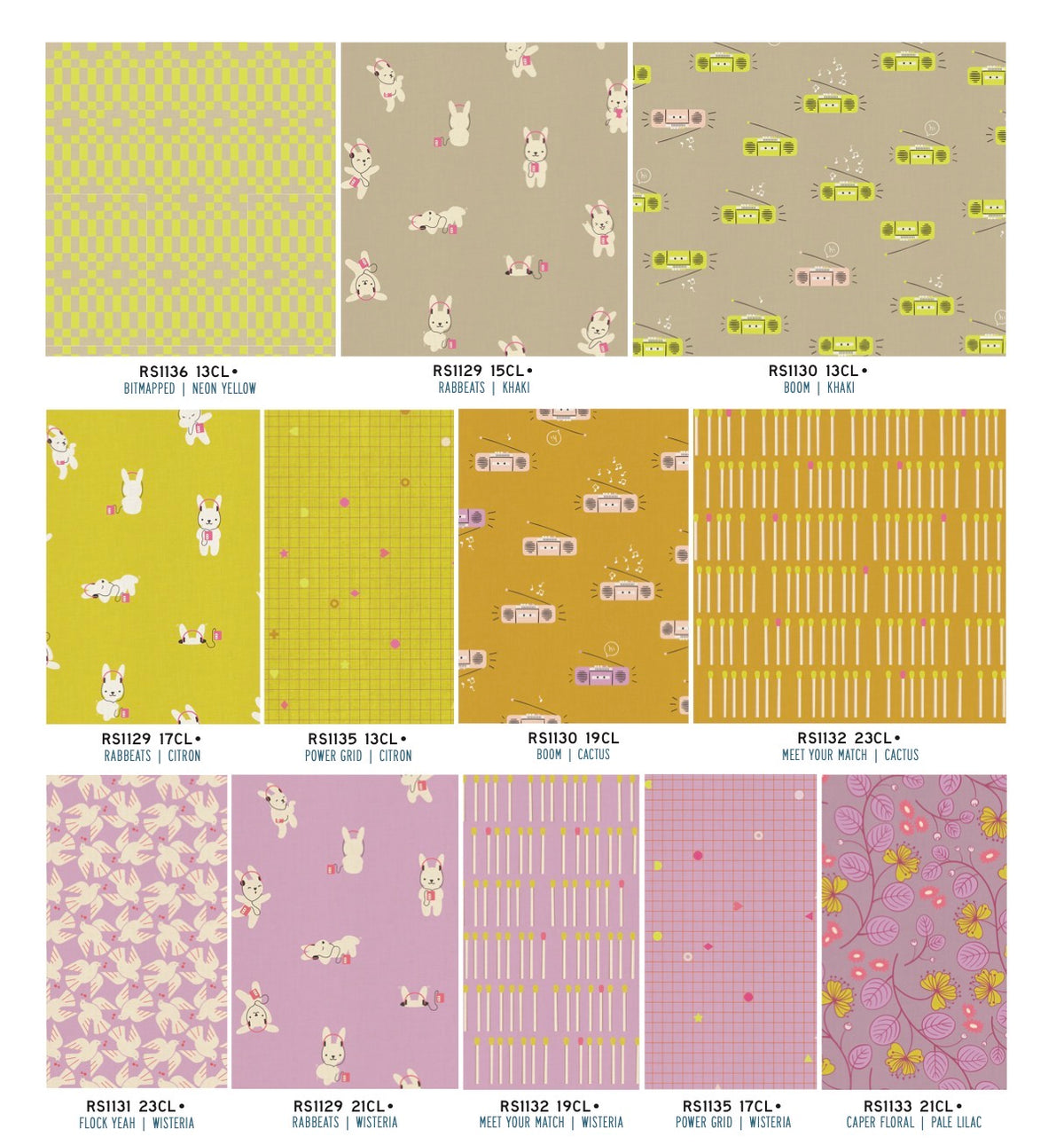 A fabric swatch chart displaying twelve different patterns and colorways, including yellow, beige, orange, and pink designs with motifs like bunnies, stripes, and florals. Each swatch has a code label and text indicating the brand, designer, and material.