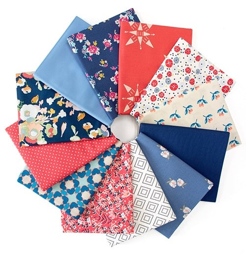 Collection of colorful fabric swatches arranged in a circular pattern on a white background.