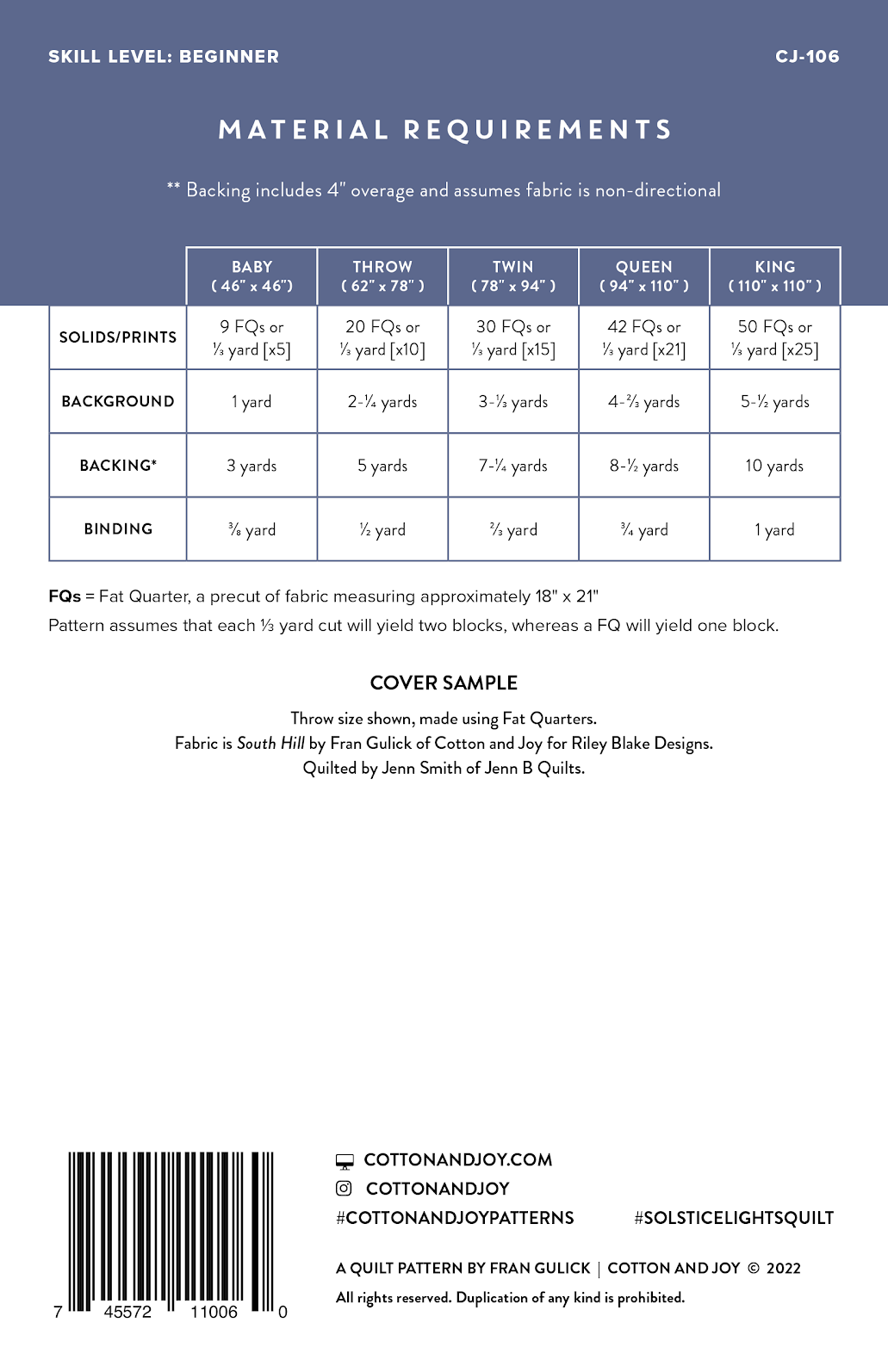 A fabric pattern cover sample sheet showing material requirements in a table format for different quilt block sizes, with a barcode and publisher details at the bottom.