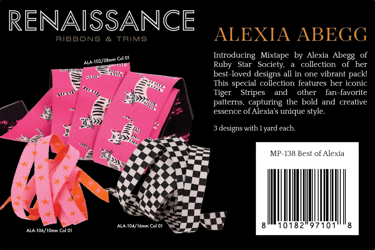 Promotional image of Alexia Abegg ribbons and trims with product packaging and text on a black background.