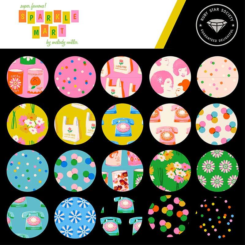 A sheet of circular fabric swatches designs featuring retro 1960s and 1970s patterns, including pink polka dots, floral prints, retro telephones, and colorful confetti. The sheet has a white and yellow header with 'Super Famosa SPARKLE MART by elvody miller' and a 'Sun Star Society Guaranteed Delination' seal on a black background.