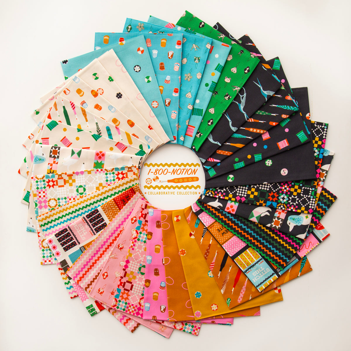 Collection of colorful fabric swatches arranged in a circular pattern with '1-800-Motion' branding.