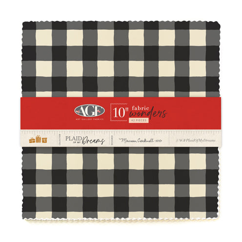 Packaged fabric swatch with black and white check pattern and red label on a white background