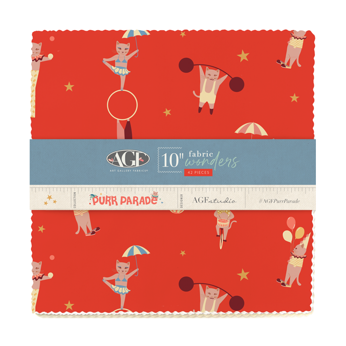 Fabric bundle with circus-themed design on a red background, featuring AGF branding.