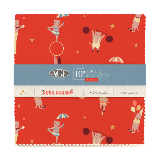 Fabric bundle with circus-themed design on a red background, featuring AGF branding.
