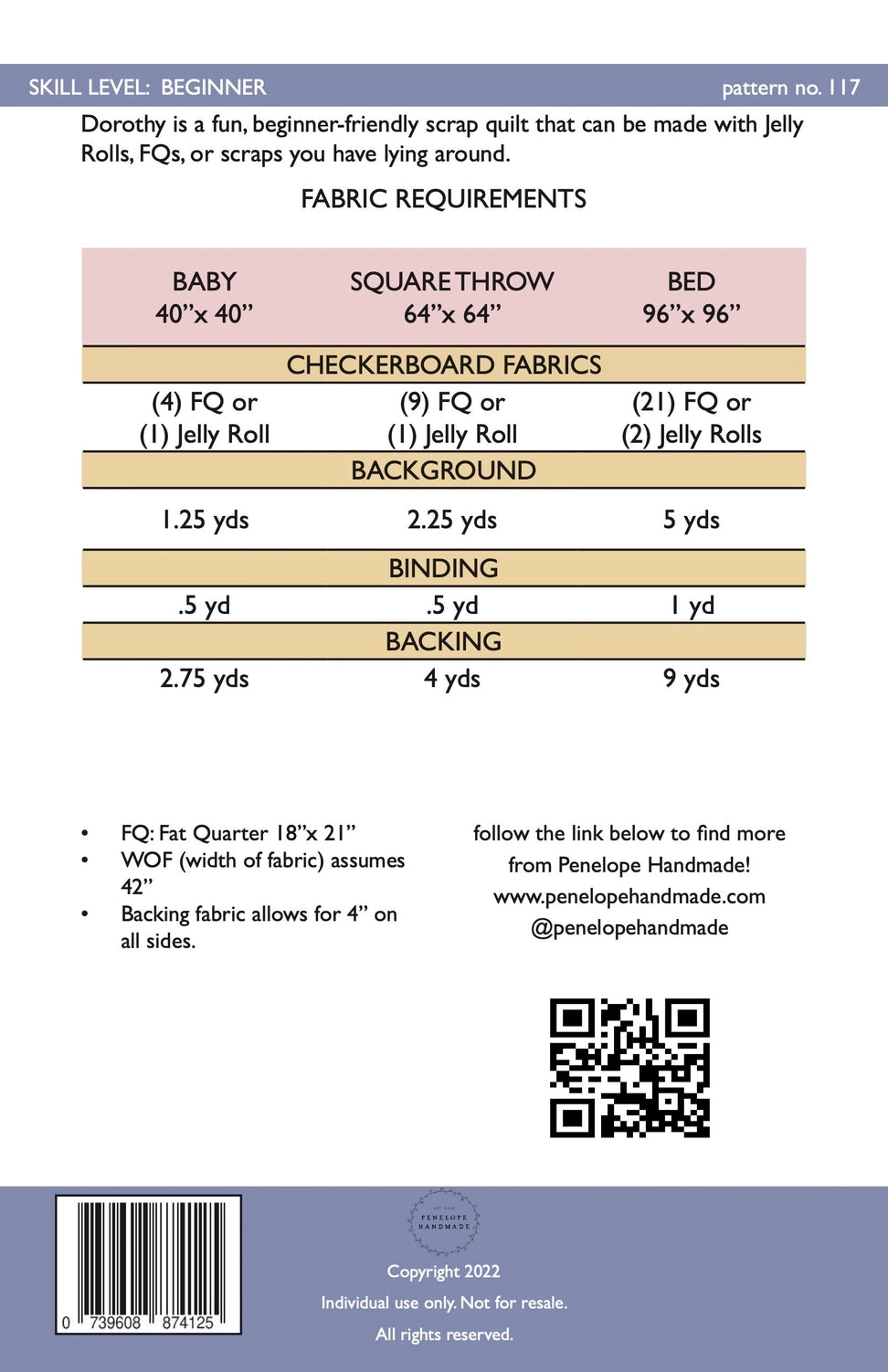 Fabric requirements chart for a beginner scrap quilt pattern with fabric measurements.
