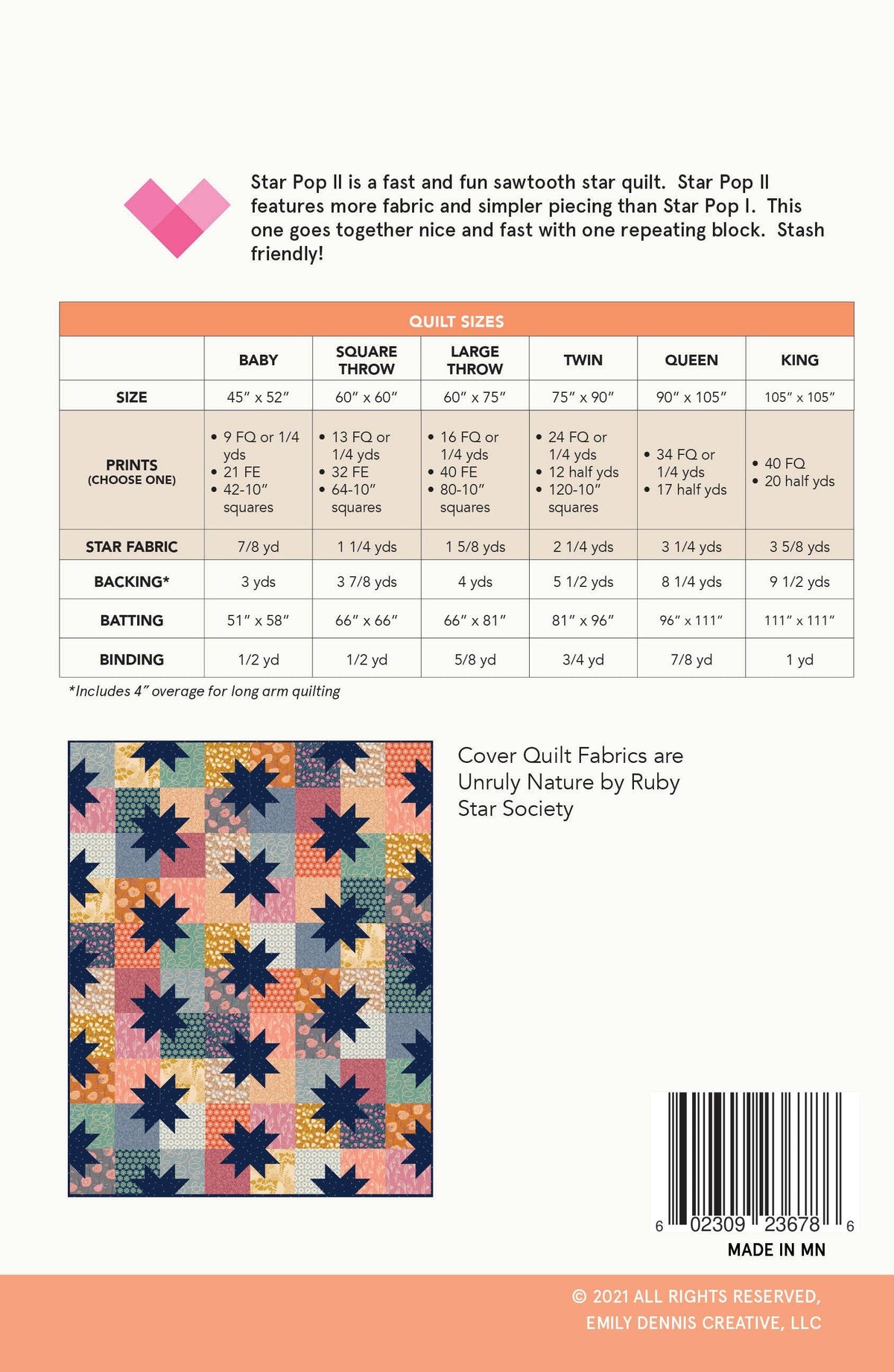 Quilt pattern with fabric requirements and a colorful star quilt image on a peach background.