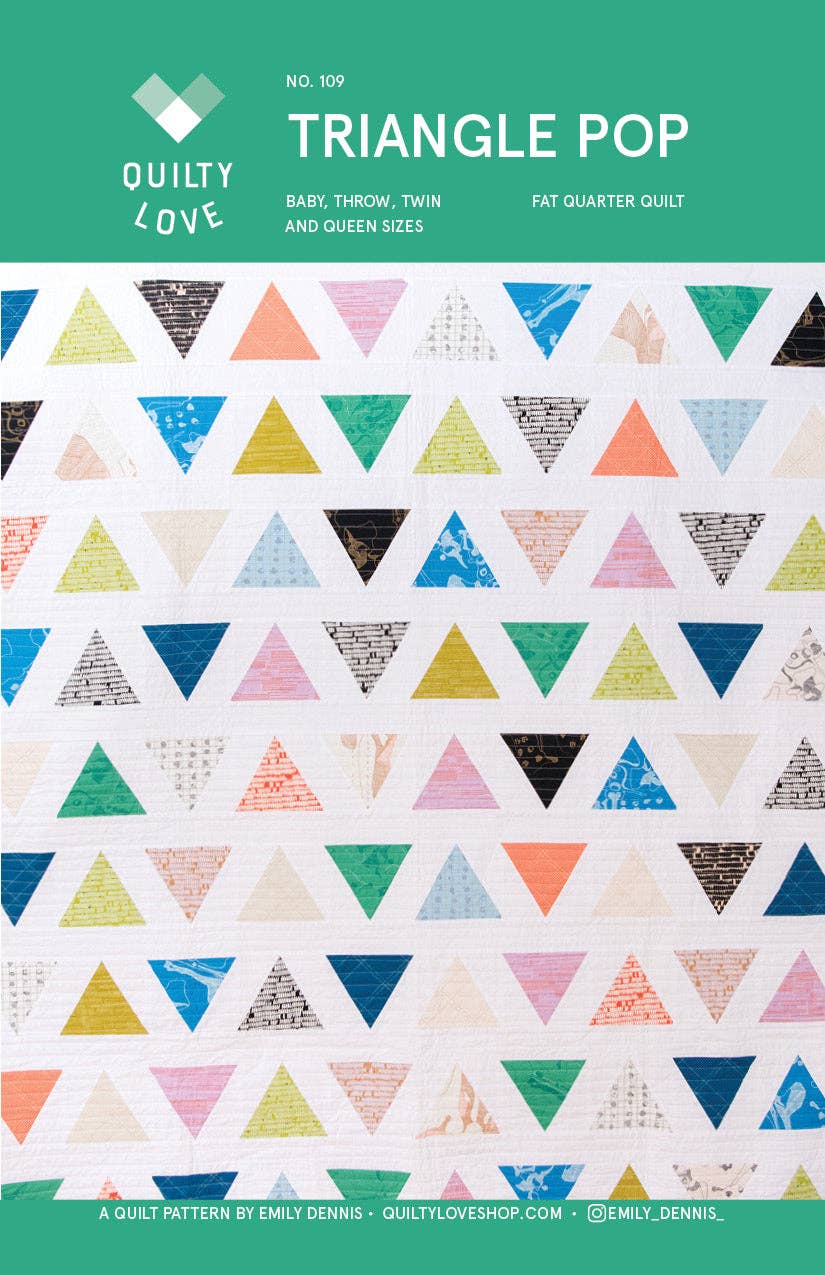 Quilt pattern packaging with colorful triangles on a green background