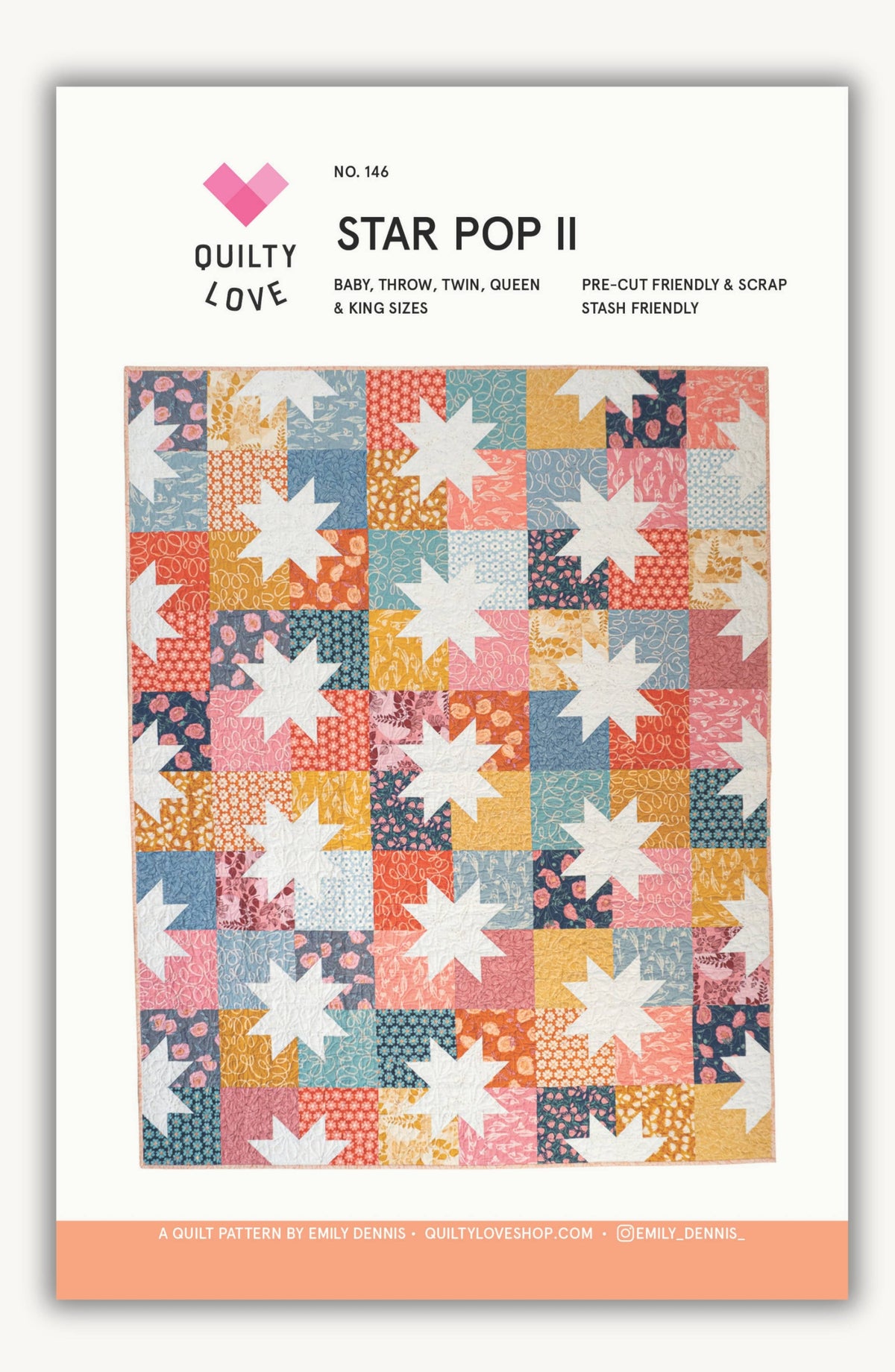 Quilt pattern cover with star design and 'Quilty Love' branding