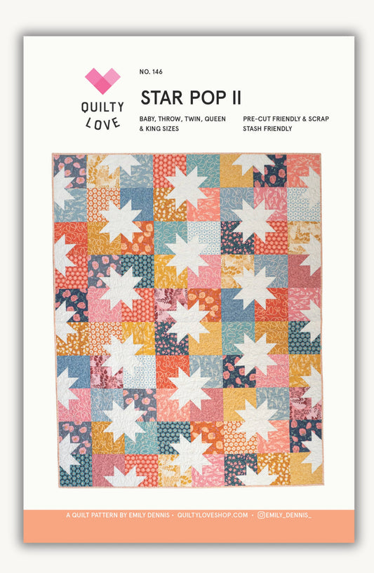 Quilt pattern cover with star design and 'Quilty Love' branding