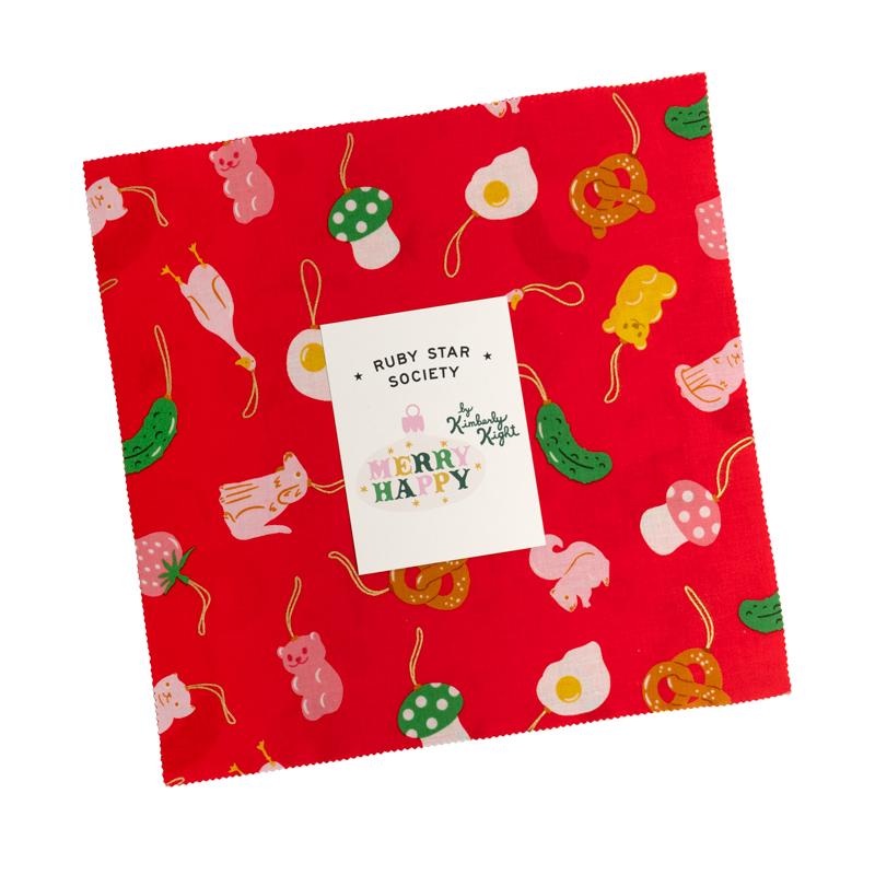 Red fabric square with colorful patterns and a 'Ruby Star Society' label on a white background
