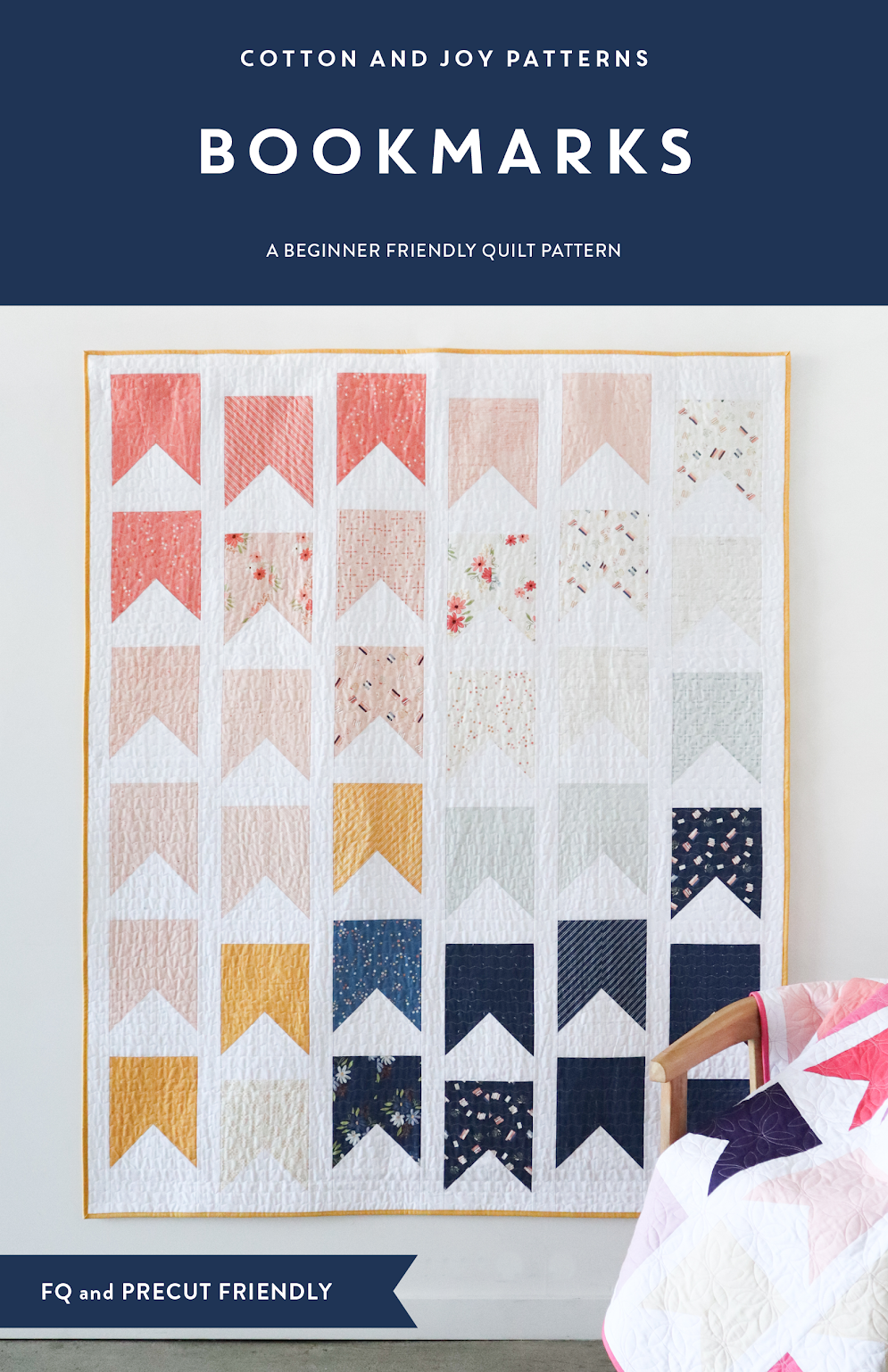Bookmarks quilt pattern with colorful geometric design on a white background