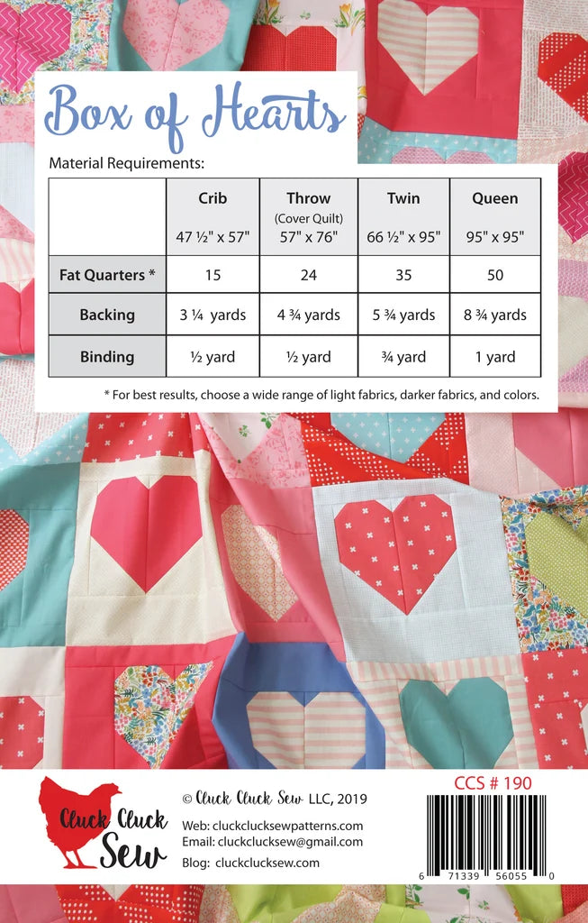 Back cover of a quilting pattern booklet titled 'Box of Hearts' showing a quilt design with heart motifs, a material requirements table, and product details including a barcode and Quick Cluck Sew branding.