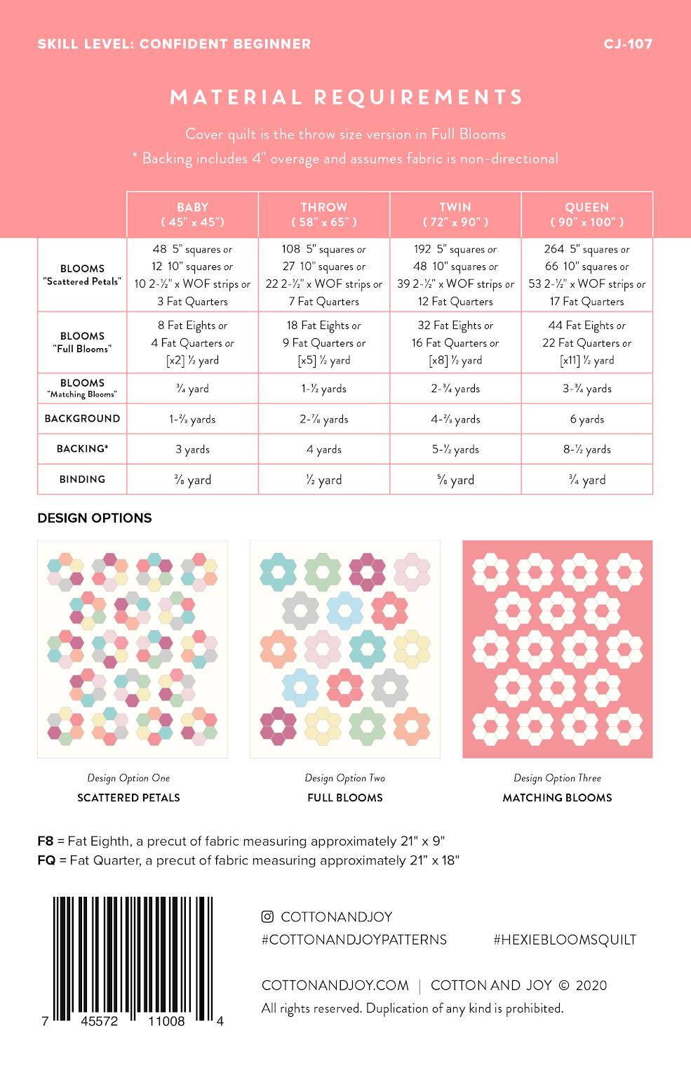 Material requirements and design options for a quilt pattern on a pink background