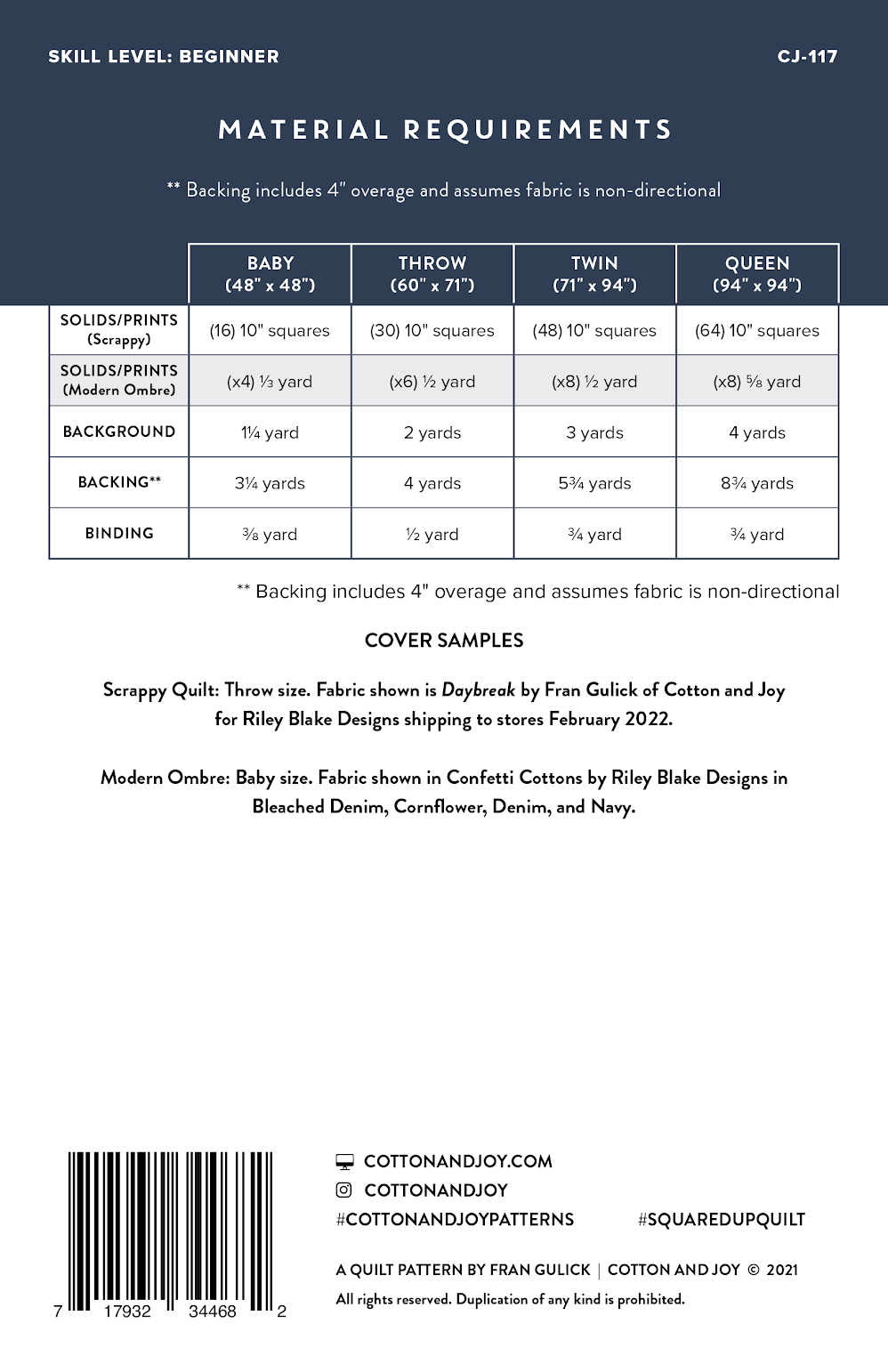 Material requirements chart for a quilt pattern on a white background