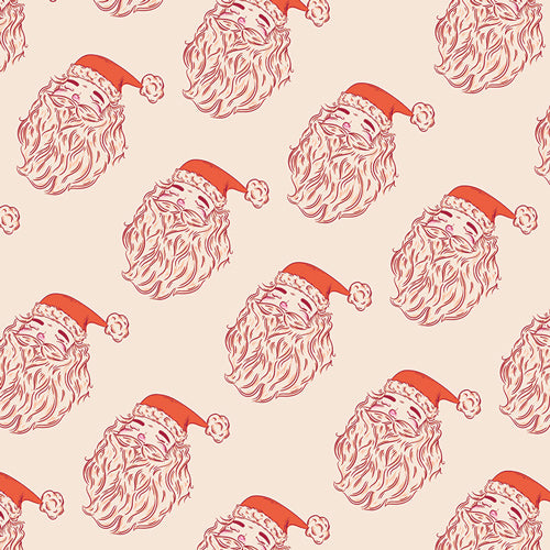 A repeating Christmas pattern featuring illustrated Santa Claus faces with long white beards and red hats on a light beige background.