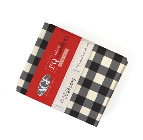 Checkered fabric swatch with red label on a white background