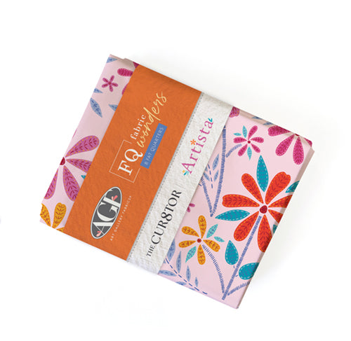 Pack of fabric swatches with floral patterns and brand labels on a white background