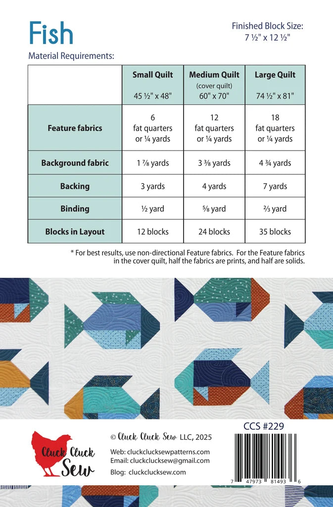 Back cover of a quilting pattern booklet for 'Fish' by Chuck Clark Sew, showing finished block sizes, material requirements in a table, fabric swatches, and a barcode.