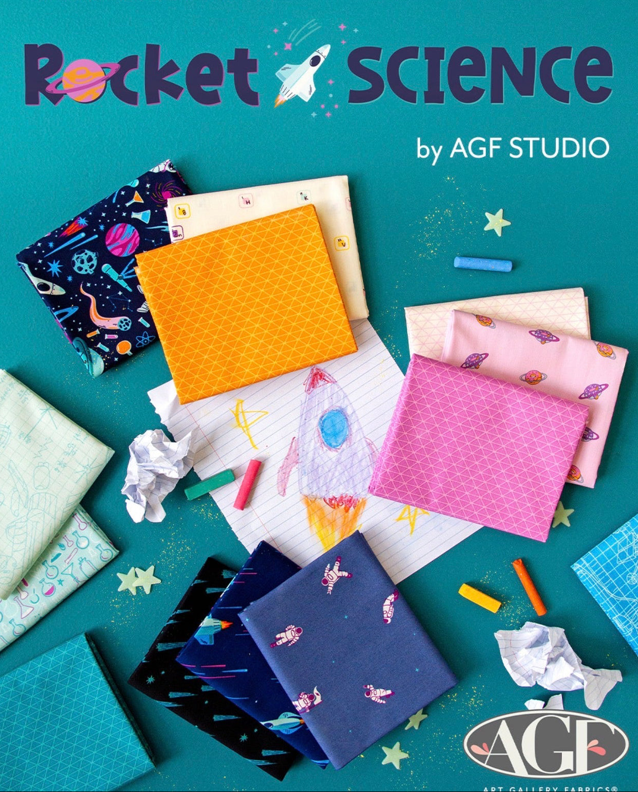 Fabric lookbook titled 'Rocket Science' by AGF Studio with colorful fabric samples on a teal background.
