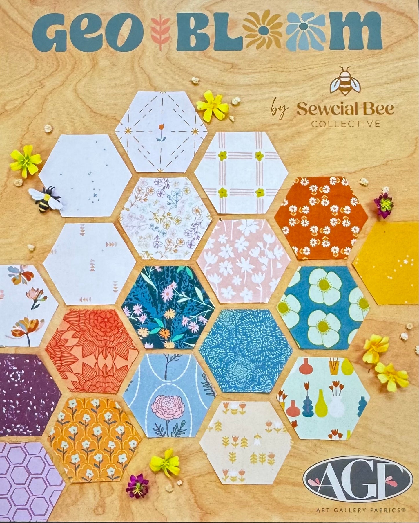 Hexagonal fabric panels with floral patterns on a wooden background, featuring the Sewcial Bee Collective branding.