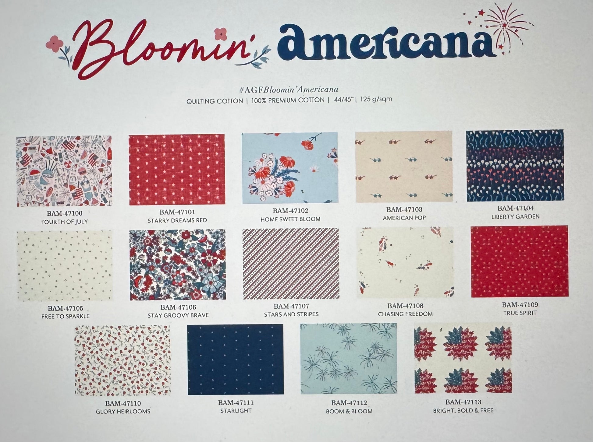 Bloomin' Americana fabric swatch collection with various patterns on a white background
