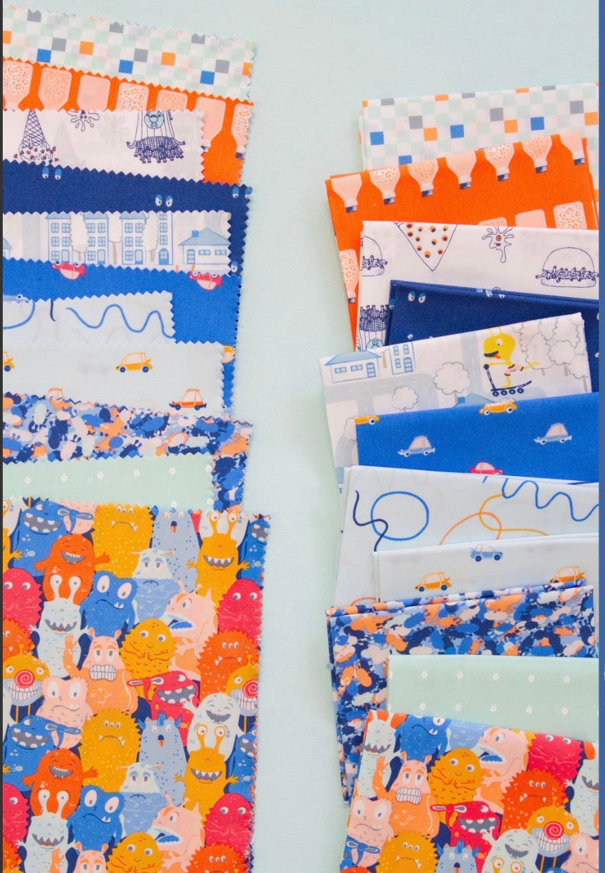 Collection of colorful fabric swatches with various patterns on a white background