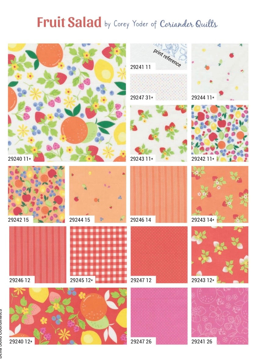 Collection of fabric swatches with 'Fruit Salad' pattern by Corey Yoder of Coriander Quilts.