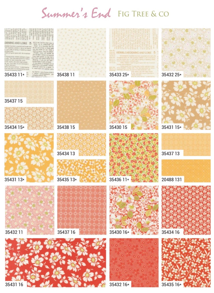 Collection of floral and patterned fabric swatches by Fig Tree & Co. with 'Summer's End' text.