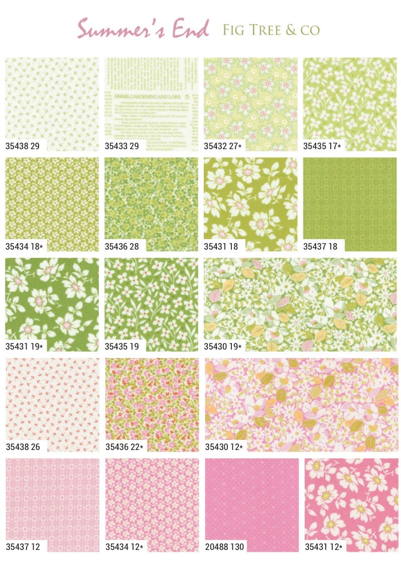 Collection of floral patterns in various shades of green and pink with 'Fig Tree & Co' branding.
