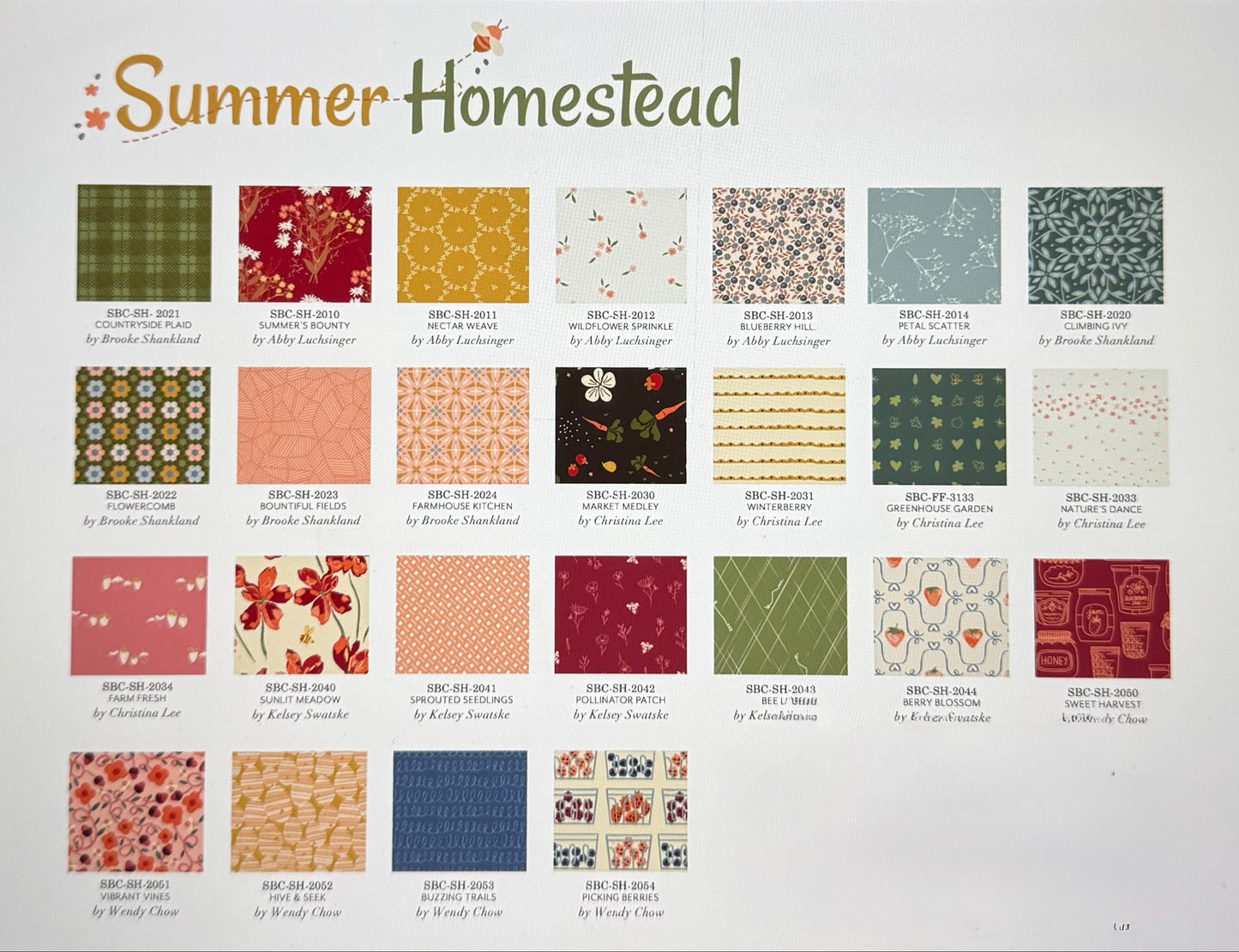 Collection of fabric patterns with 'Summer Homestead' branding on a white background