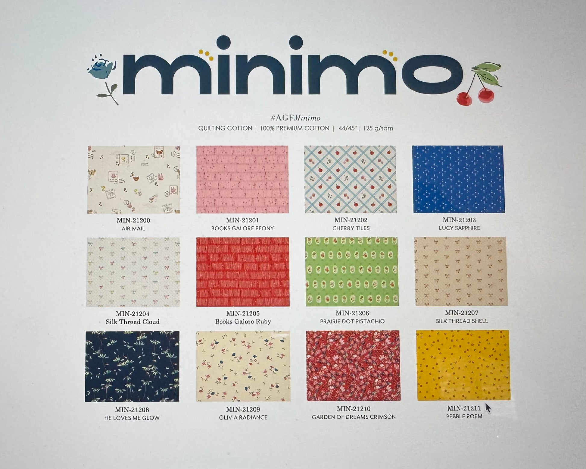 Minimo fabric swatch collection with various patterns and colors on a gray background.