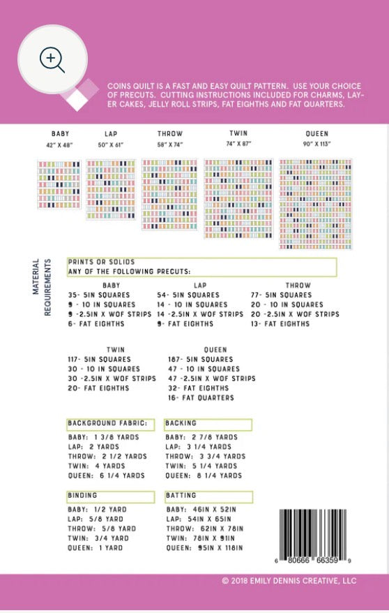 Quilt pattern guide with fabric requirements on a purple background