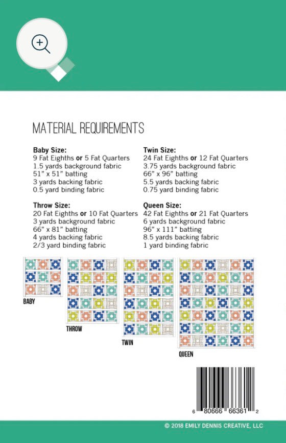 Fabric material requirements chart for baby, twin, and queen sizes with colorful fabric swatches.