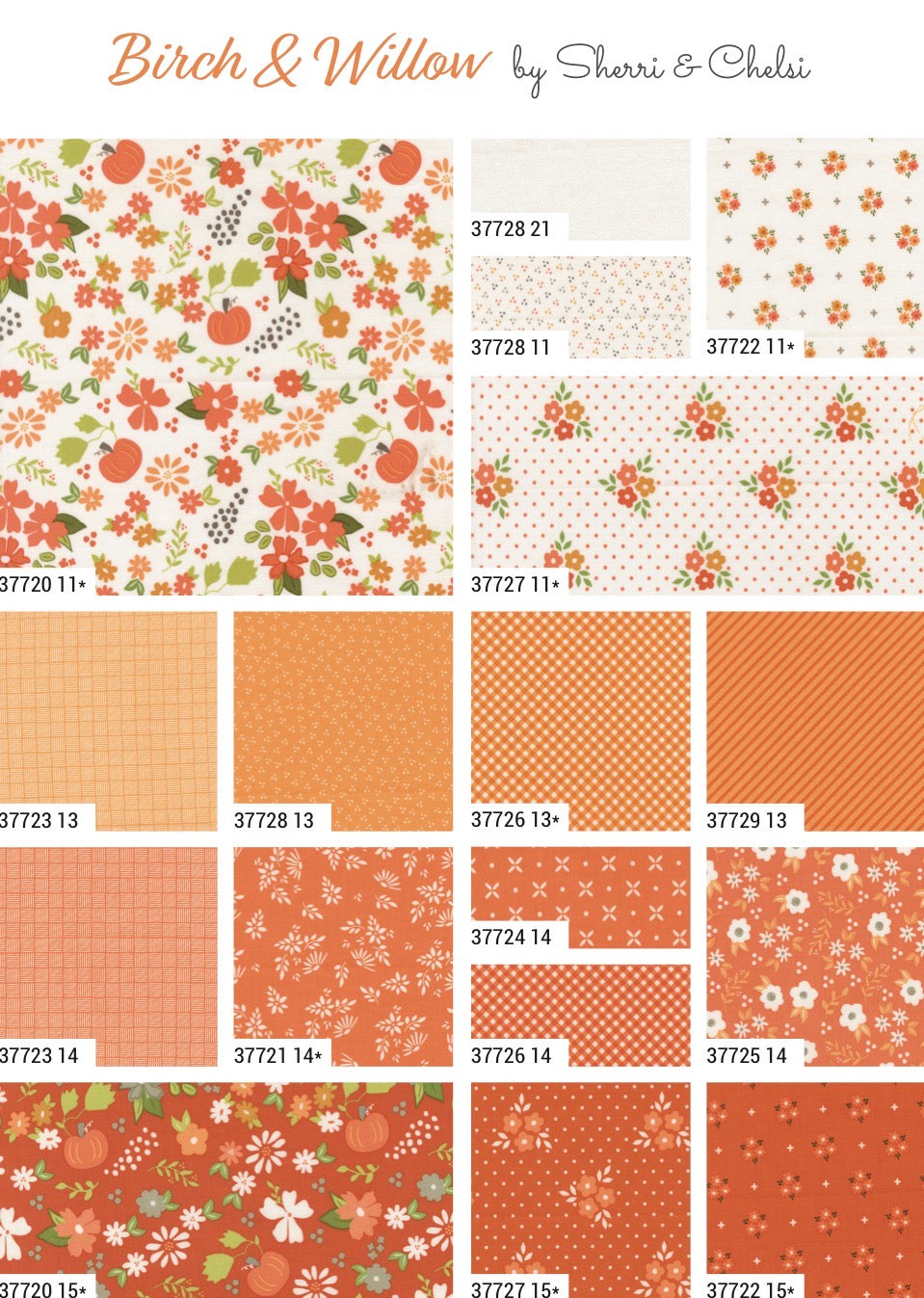 A product display sheet for 'Birch & Willow' paper designs by Sherri & Chelsi, featuring multiple patterned and solid orange, peach, and white sheets with floral, geometric, and striped designs.