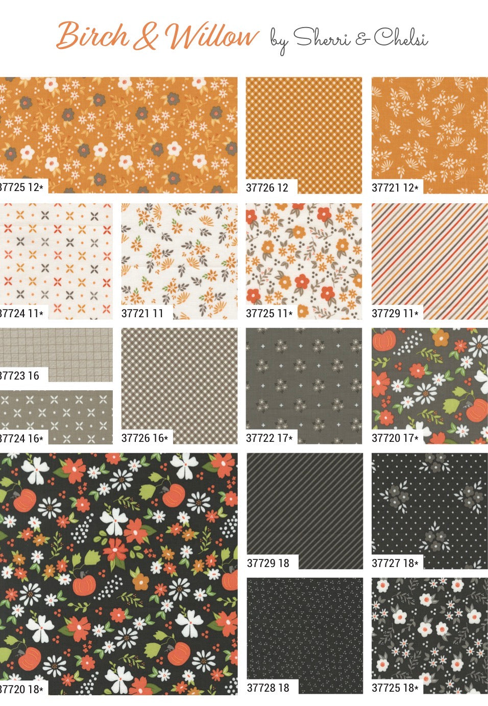 A catalog sheet titled 'Birch & Willow' by Sherri & Chelsi showing multiple fabric pattern swatches arranged in a grid. The designs include floral prints, polka dots, stripes, and small motifs in orange, cream, gray, black, green, and red tones, each labeled with a style number.