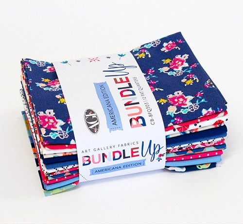 Stack of fabric bundles with a 'Bundle Up' label on a white background