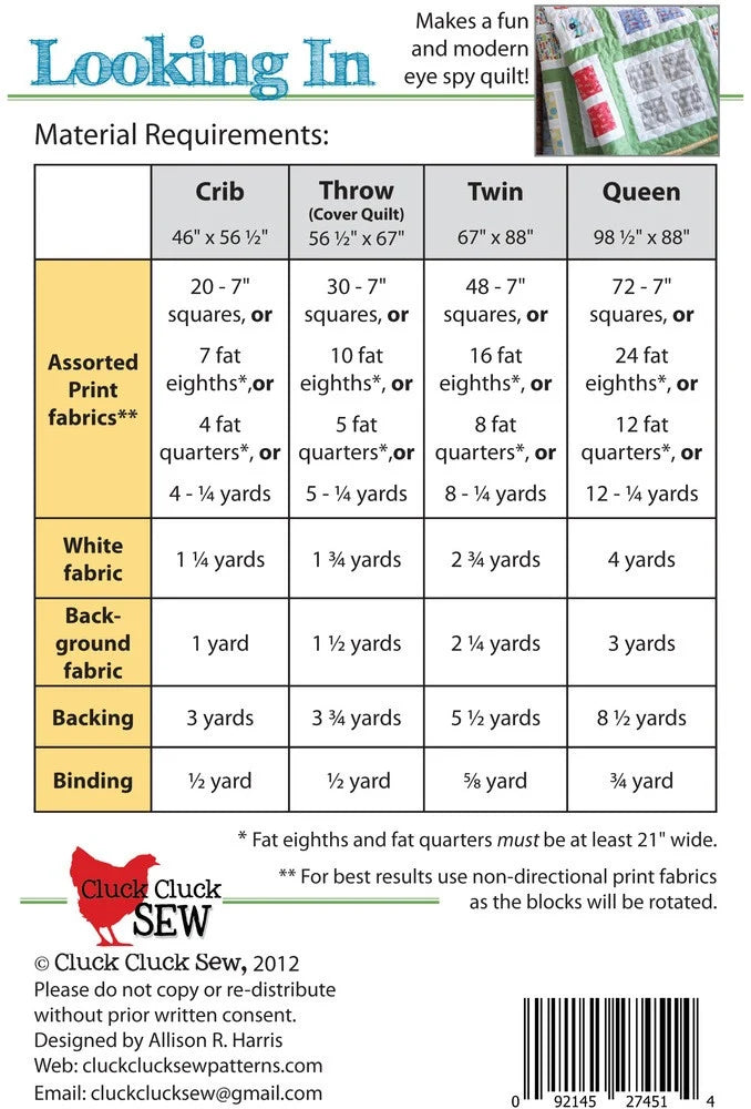 A sewing pattern material requirements chart titled 'Looking In' showing fabric and backing needs for crib, throw cover quilt, twin, and queen sizes. The chart includes columns for crib, throw, twin, and queen measurements and rows for white fabric, background fabric, backing, and binding.