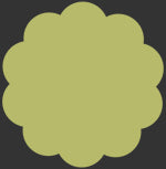 A flat, scalloped-edged color swatch tile in a muted apple  green shade, centered on a dark gray background.