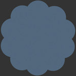 A scalloped-edged blue shape fabric Swatch on a dark gray background.