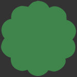 A solid green fabric swatch in scalloped circular shape on a dark gray background.