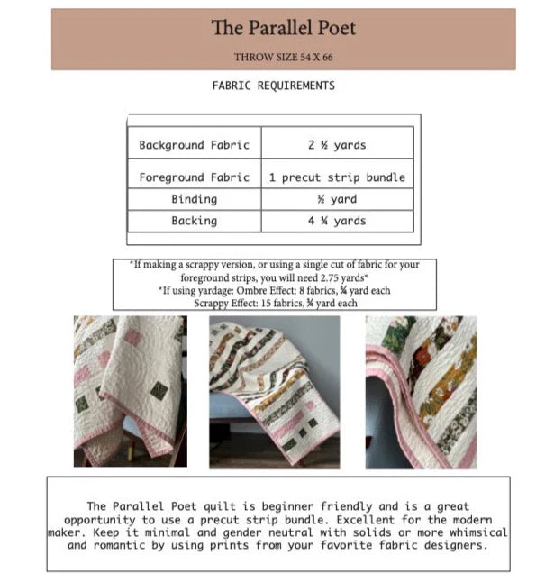 Fabric requirements chart for 'The Parallel Poet' quilt with fabric samples.
