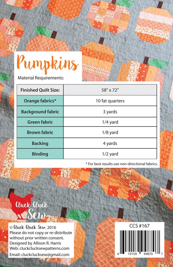 Fabric requirement chart for a quilt with pumpkins on a gray background, featuring the Cluck Cluck Sew brand.