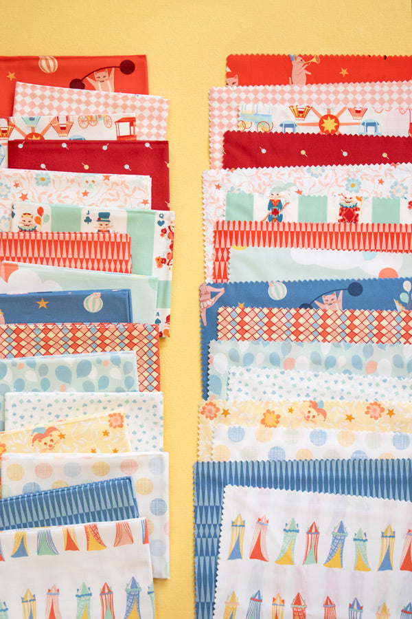 Collection of colorful fabric swatches with various patterns on a yellow background