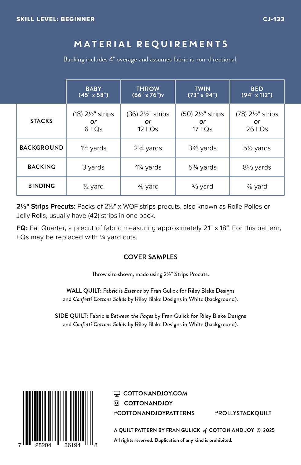 Material requirements chart for a quilt pattern with fabric measurements and yardage details.